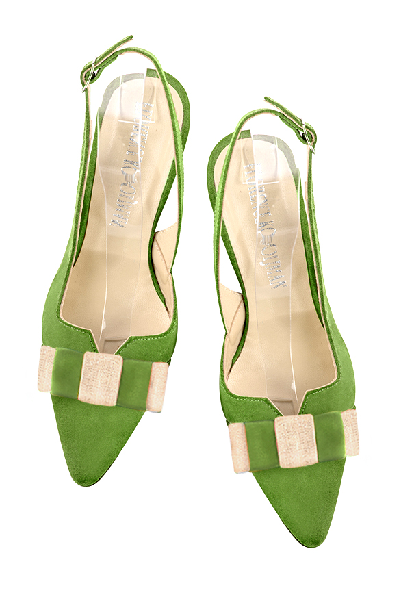 Grass green and gold women's open back shoes, with a knot. Tapered toe. Medium spool heels. Top view - Florence KOOIJMAN